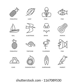 Set Of 16 simple line icons such as Parrot, Surfboard, Passion fruit, Cave, Fish, Pineapple, Sail, Bikini, editable stroke icon pack, pixel perfect