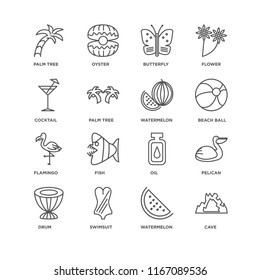 Set Of 16 simple line icons such as Cave, Watermelon, Swimsuit, Drum, Pelican, Palm tree, Cocktail, Flamingo, editable stroke icon pack, pixel perfect