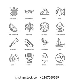 Set Of 16 simple line icons such as Beach ball, Bikini, Drum, Lime, Sail, Tortoise, Watermelon, Spyglass, Oyster, editable stroke icon pack, pixel perfect