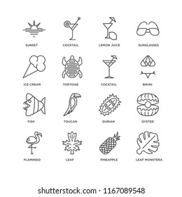 Set Of 16 simple line icons such as Leaf monstera, Pineapple, Leaf, Flamingo, Oyster, Sunset, Ice cream, Fish, Cocktail, editable stroke icon pack, pixel perfect