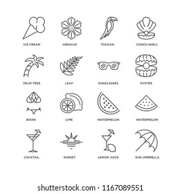 Set Of 16 simple line icons such as Sun umbrella, Lemon juice, Sunset, Cocktail, Watermelon, Ice cream, Palm tree, Bikini, Sunglasses, editable stroke icon pack, pixel perfect