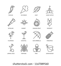 Set Of 16 simple line icons such as Sand bucket, Man, Tortoise, Lemon juice, Pineapple, Toucan, Spyglass, Flamingo, Passion fruit, editable stroke icon pack, pixel perfect