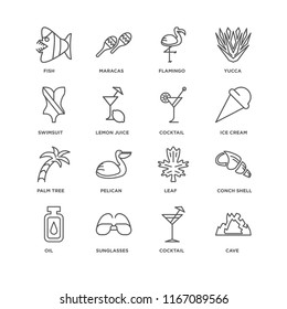 Set Of 16 simple line icons such as Cave, Cocktail, Sunglasses, Oil, Conch shell, Fish, Swimsuit, Palm tree, editable stroke icon pack, pixel perfect