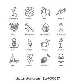 Set Of 16 simple line icons such as Bikini, Pineapple, Swimsuit, Sail, Cocktail, Lemon juice, Yucca, Man, Passion fruit, editable stroke icon pack, pixel perfect