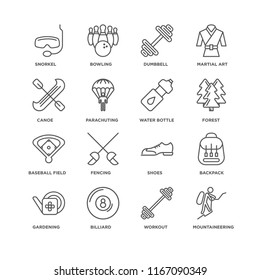 Set Of 16 simple line icons such as Mountaineering, Workout, Billiard, Gardening, Backpack, Snorkel, Canoe, Baseball field, Water bottle, editable stroke icon pack, pixel perfect