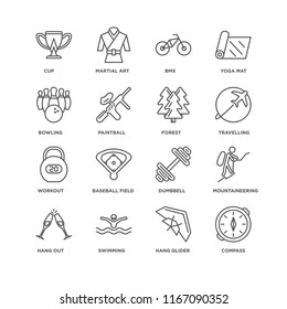 Set Of 16 simple line icons such as Compass, Hang glider, Swimming, out, Mountaineering, Cup, Bowling, Workout, Forest, editable stroke icon pack, pixel perfect