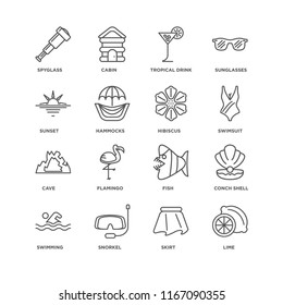 Set Of 16 simple line icons such as Lime, Skirt, Snorkel, Swimming, Conch shell, Spyglass, Sunset, Cave, Hibiscus, editable stroke icon pack, pixel perfect