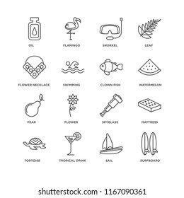 Set Of 16 simple line icons such as Surfboard, Sail, Tropical drink, Tortoise, Mattress, Oil, Flower necklace, Pear, Clown fish, editable stroke icon pack, pixel perfect
