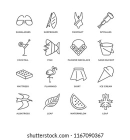 Set Of 16 simple line icons such as Leaf, Watermelon, Albatross, Ice cream, Sunglasses, Cocktail, Mattress, Flower necklace, editable stroke icon pack, pixel perfect