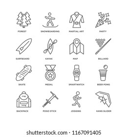 Set Of 16 simple line icons such as Hang glider, Jogging, Pogo stick, Backpack, Beer pong, Forest, Surfboard, Skate, Map, editable stroke icon pack, pixel perfect