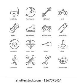 Set Of 16 simple line icons such as Gardening, Kayak, Canoe, Jogging, Golf, Snorkel, Skate, Billiard, Motorcycle, editable stroke icon pack, pixel perfect