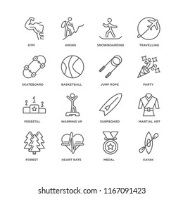 Set Of 16 simple line icons such as Kayak, Medal, Heart rate, Forest, Martial art, Gym, Skateboard, Pedestal, Jump rope, editable stroke icon pack, pixel perfect