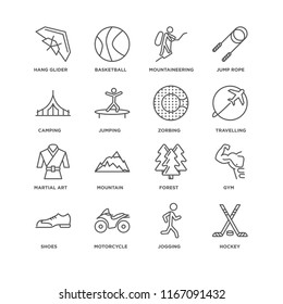 Set Of 16 simple line icons such as Hockey, Jogging, Motorcycle, Shoes, Gym, Hang glider, Camping, Martial art, Zorbing, editable stroke icon pack, pixel perfect
