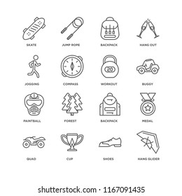 Set Of 16 simple line icons such as Hang glider, Shoes, Cup, Quad, Medal, Skate, Jogging, Paintball, Workout, editable stroke icon pack, pixel perfect