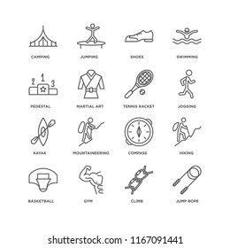 Set Of 16 simple line icons such as Jump rope, Climb, Gym, Basketball, Hiking, Camping, Pedestal, Kayak, Tennis racket, editable stroke icon pack, pixel perfect