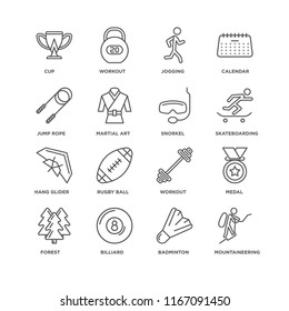 Set Of 16 simple line icons such as Mountaineering, Badminton, Billiard, Forest, Medal, Cup, Jump rope, Hang glider, Snorkel, editable stroke icon pack, pixel perfect