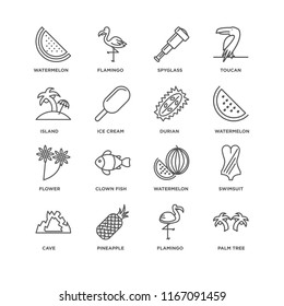 Set Of 16 simple line icons such as Palm tree, Flamingo, Pineapple, Cave, Swimsuit, Watermelon, Island, Flower, Durian, editable stroke icon pack, pixel perfect