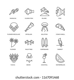 Set Of 16 simple line icons such as Watermelon, Cocktail, Bikini, Yucca, Parrot, Maracas, Flower necklace, Flower, Jellyfish, editable stroke icon pack, pixel perfect