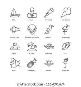 Set Of 16 simple line icons such as Cocktail, Sunset, Pineapple, Fish, Leaf, Sail, Clown fish, Cave, Parrot, editable stroke icon pack, pixel perfect