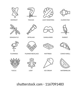 Set Of 16 simple line icons such as Watermelon, Ice cream, Leaf, Yucca, Conch shell, Swimsuit, Dragon fly, Flamingo, Sunglasses, editable stroke icon pack, pixel perfect