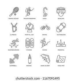 Set Of 16 simple line icons such as Yoga mat, Hang glider, Boxing, Dumbbell, Pedestal, Tennis racket, Climbing, Skateboarding, Biking, editable stroke icon pack, pixel perfect