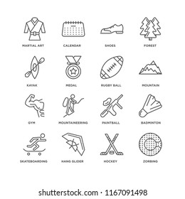 Set Of 16 simple line icons such as Zorbing, Hockey, Hang glider, Skateboarding, Badminton, Martial art, Kayak, Gym, Rugby ball, editable stroke icon pack, pixel perfect