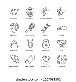 Set Of 16 simple line icons such as Compass, Martial art, Skateboard, Hang glider, Cup, Multitool, Bowling, out, Climb, editable stroke icon pack, pixel perfect