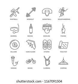 Set Of 16 simple line icons such as Camping, Climbing, Biking, Singing, Yoga mat, Paintball, Snorkel, Billiard, Bowling, editable stroke icon pack, pixel perfect