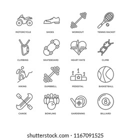 Set Of 16 simple line icons such as Billiard, Gardening, Bowling, Canoe, Basketball, Motorcycle, Climbing, Hiking, Heart rate, editable stroke icon pack, pixel perfect