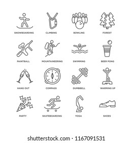 Set Of 16 simple line icons such as Shoes, Yoga, Skateboarding, Party, Warming up, Snowboarding, Paintball, Hang out, Swimming, editable stroke icon pack, pixel perfect