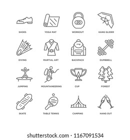 Set Of 16 simple line icons such as Hang out, Camping, Table tennis, Skate, Forest, Shoes, Diving, Jumping, Backpack, editable stroke icon pack, pixel perfect