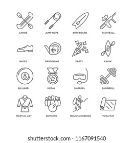 Set Of 16 simple line icons such as Yoga mat, Mountaineering, Bowling, Martial art, Dumbbell, Canoe, Shoes, Billiard, Party, editable stroke icon pack, pixel perfect