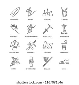 Set Of 16 simple line icons such as Shoes, Billiard, Smartwatch, Party, Beer pong, Surfboard, Downhill, Martial art, Pogo stick, editable stroke icon pack, pixel perfect