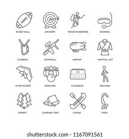 Set Of 16 simple line icons such as Yoga, Canoe, Camping tent, Forest, Walking, Rugby ball, Climbing, Hang glider, Airship, editable stroke icon pack, pixel perfect