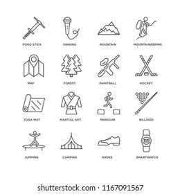 Set Of 16 simple line icons such as Smartwatch, Shoes, Camping, Jumping, Billiard, Pogo stick, Map, Yoga mat, Paintball, editable stroke icon pack, pixel perfect