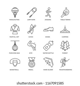 Set Of 16 simple line icons such as Mountaineering, Hang glider, Medal, Basketball, Forest, Parachuting, Martial art, Punching bag, Shoes, editable stroke icon pack, pixel perfect