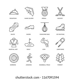 Set Of 16 simple line icons such as Forest, Baseball field, Jogging, Zorbing, Jump rope, Mountain, Skate, Martial art, Punching bag, editable stroke icon pack, pixel perfect