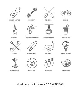 Set Of 16 simple line icons such as Gardening, Bowling, Billiard, Warming up, Parachuting, Water bottle, Fishing, Canoe, Punching bag, editable stroke icon pack, pixel perfect