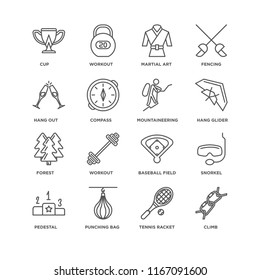 Set Of 16 simple line icons such as Climb, Tennis racket, Punching bag, Pedestal, Snorkel, Cup, Hang out, Forest, Mountaineering, editable stroke icon pack, pixel perfect