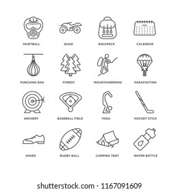 Set Of 16 simple line icons such as Water bottle, Camping tent, Rugby ball, Shoes, Hockey stick, Paintball, Punching bag, Archery, Mountaineering, editable stroke icon pack, pixel perfect