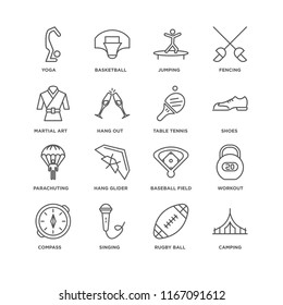 Set Of 16 simple line icons such as Camping, Rugby ball, Singing, Compass, Workout, Yoga, Martial art, Parachuting, Table tennis, editable stroke icon pack, pixel perfect