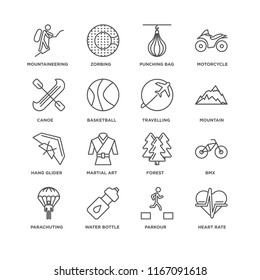 Set Of 16 simple line icons such as Heart rate, Parkour, Water bottle, Parachuting, Bmx, Mountaineering, Canoe, Hang glider, Travelling, editable stroke icon pack, pixel perfect