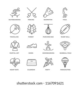 Set Of 16 simple line icons such as Parachuting, Party, Calendar, Heart rate, Baseball field, Skateboarding, Travelling, Martial art, Punching bag, editable stroke icon pack, pixel perfect