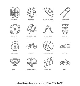 Set Of 16 simple line icons such as Bmx, Bowling, Heart rate, Cup, Shoes, Vitamin, Compass, Workout, Hang out, editable stroke icon pack, pixel perfect