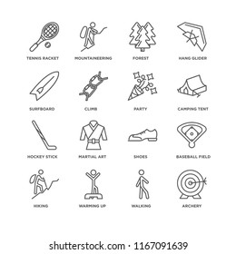 Set Of 16 simple line icons such as Archery, Walking, Warming up, Hiking, Baseball field, Tennis racket, Surfboard, Hockey stick, Party, editable stroke icon pack, pixel perfect