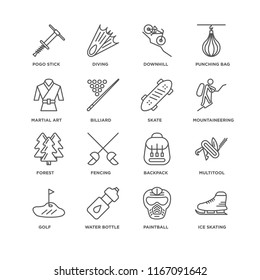 Set Of 16 simple line icons such as Ice skating, Paintball, Water bottle, Golf, Multitool, Pogo stick, Martial art, Forest, Skate, editable stroke icon pack, pixel perfect