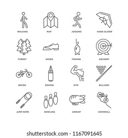 Set Of 16 simple line icons such as Downhill, Airship, Bowling, Jump rope, Billiard, Walking, Forest, Biking, Fishing, editable stroke icon pack, pixel perfect