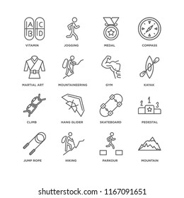 Set Of 16 simple line icons such as Mountain, Parkour, Hiking, Jump rope, Pedestal, Vitamin, Martial art, Climb, Gym, editable stroke icon pack, pixel perfect