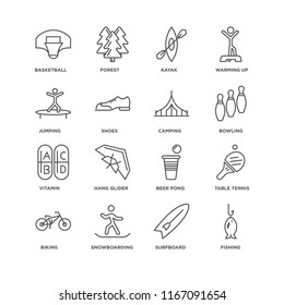 Set Of 16 simple line icons such as Fishing, Surfboard, Snowboarding, Biking, Table tennis, Basketball, Jumping, Vitamin, Camping, editable stroke icon pack, pixel perfect