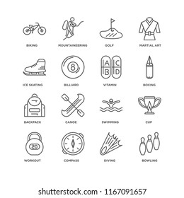 Set Of 16 simple line icons such as Bowling, Diving, Compass, Workout, Cup, Biking, Ice skating, Backpack, Vitamin, editable stroke icon pack, pixel perfect